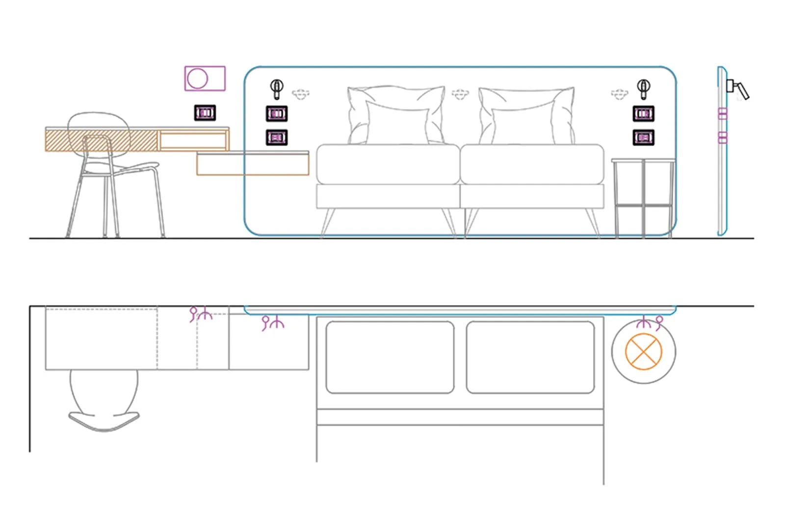progettazione hotel camera dettaglio costruzione testata letto