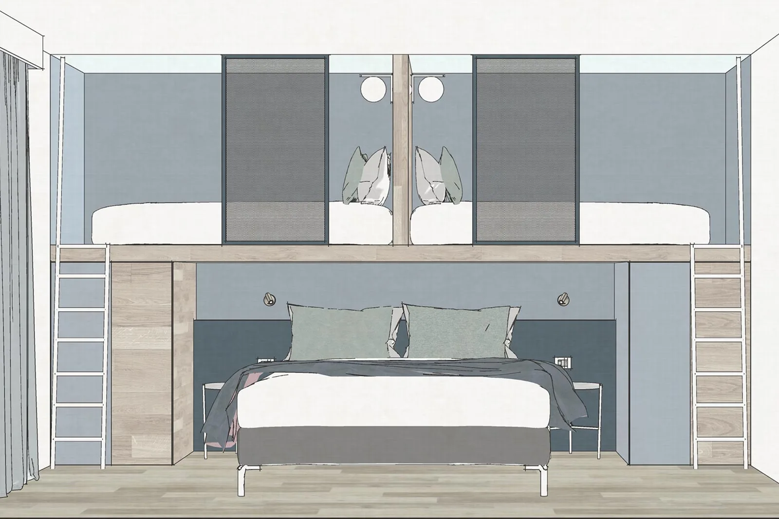 progettazione hotel camera schizzo 3d composizione finale