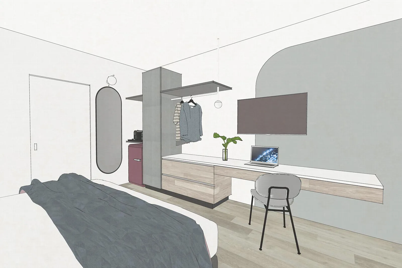 progettazione hotel camera mobile multifunzione fronte letto