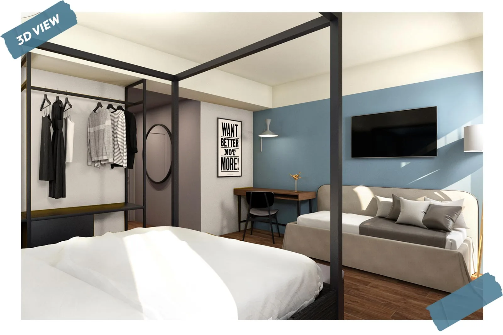 progettazione agriturismo camera arredo rendering finale blu