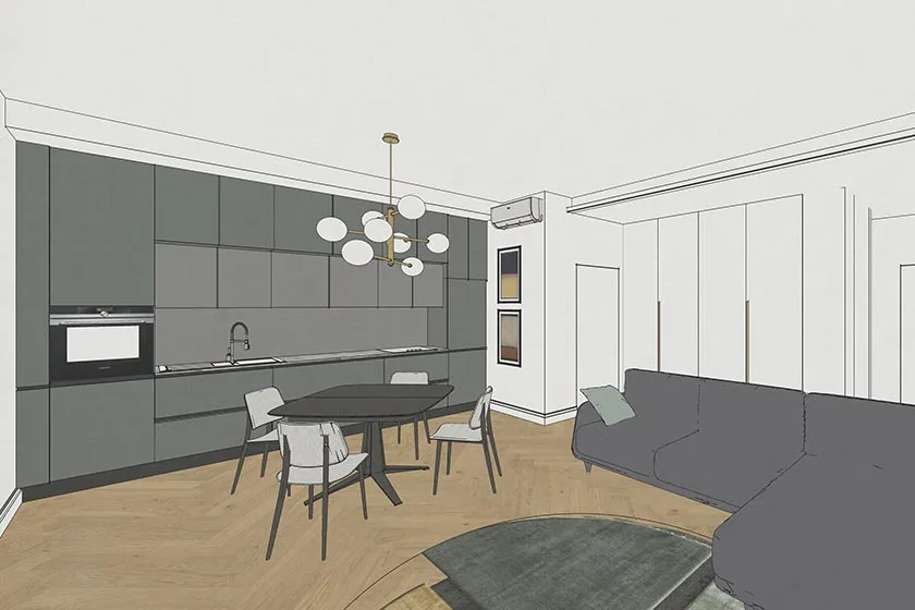 progettazione casa 3d sketch cucina zona giorno