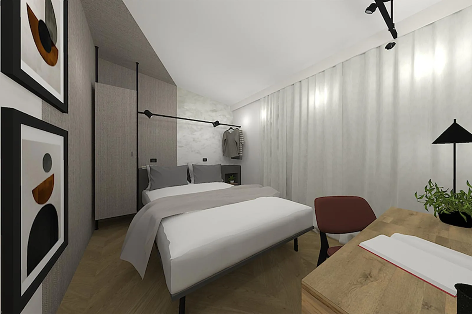 progettazione hotel minimal neutro rendering camera testata