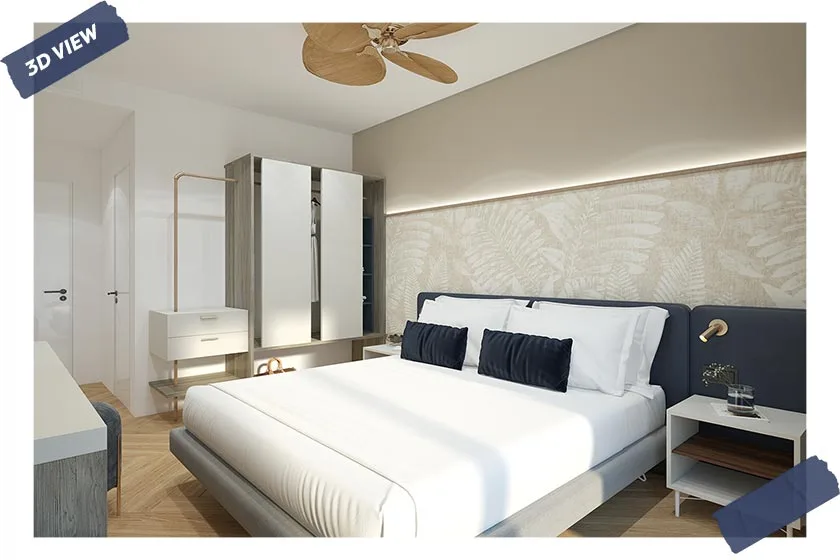 progettazione rendering camera hotel moderno testata letto