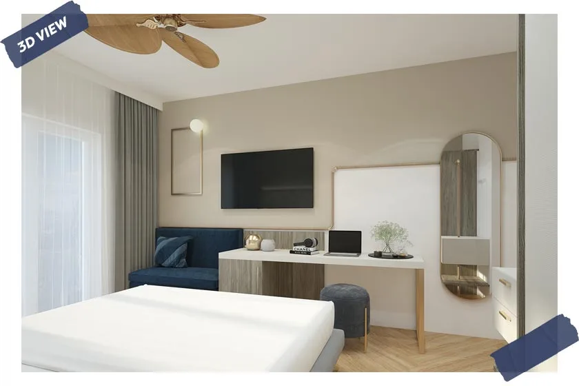 progettazione rendering camera hotel moderno dettagli