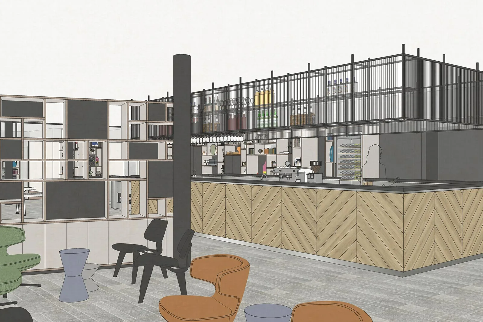 progettazione tridimensionale hotel design spazi comuni bancone bar