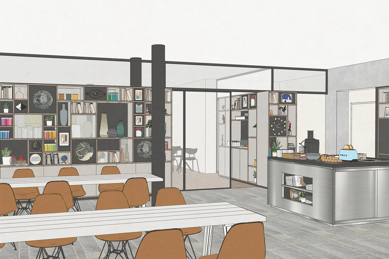 progettazione tridimensionale hotel design spazi comuni librerie arredo design