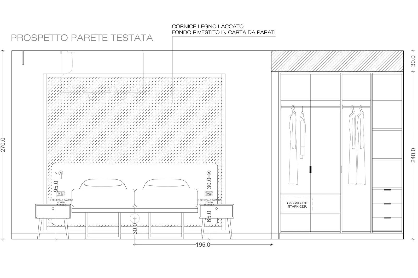 progettazione prospetto parete hotel camera completa