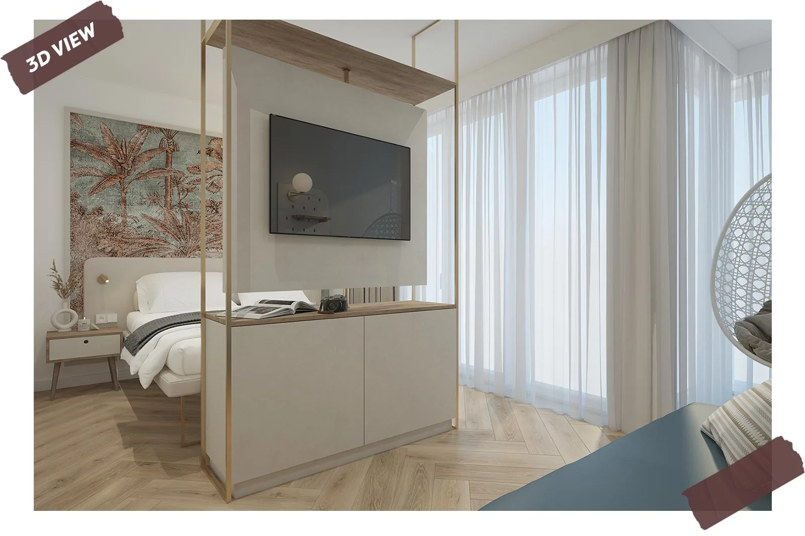 progettazione rendering effetto finale hotel camera completa stile