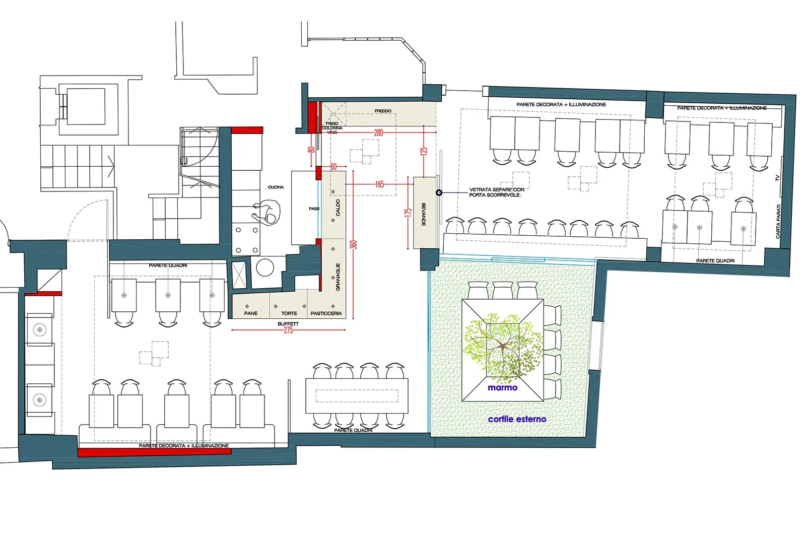 progettazione layout sala colazioni hotel lusso distrubuzione spazi