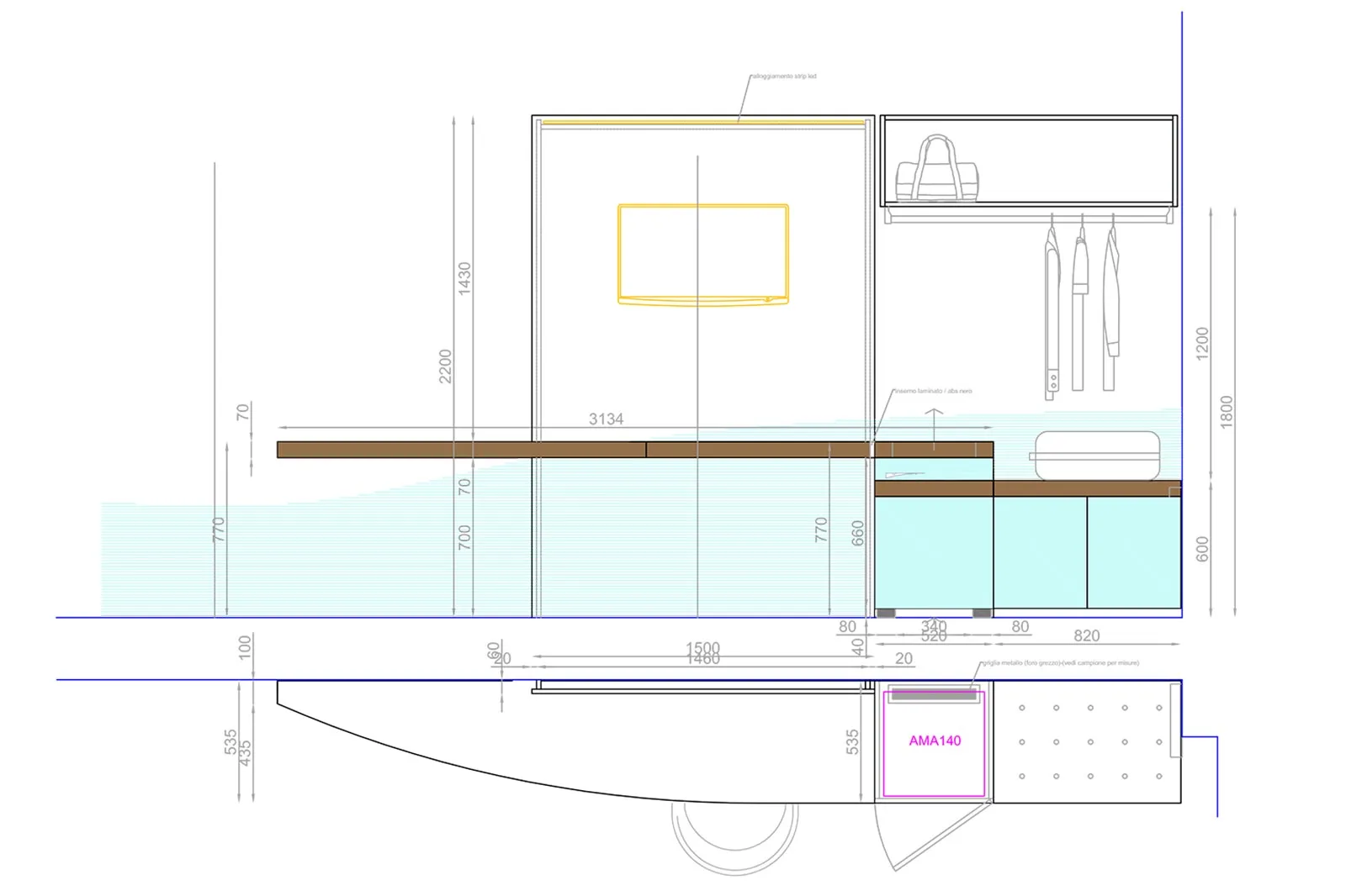 progettazione hotel disegno esecutivo mobile di servizio