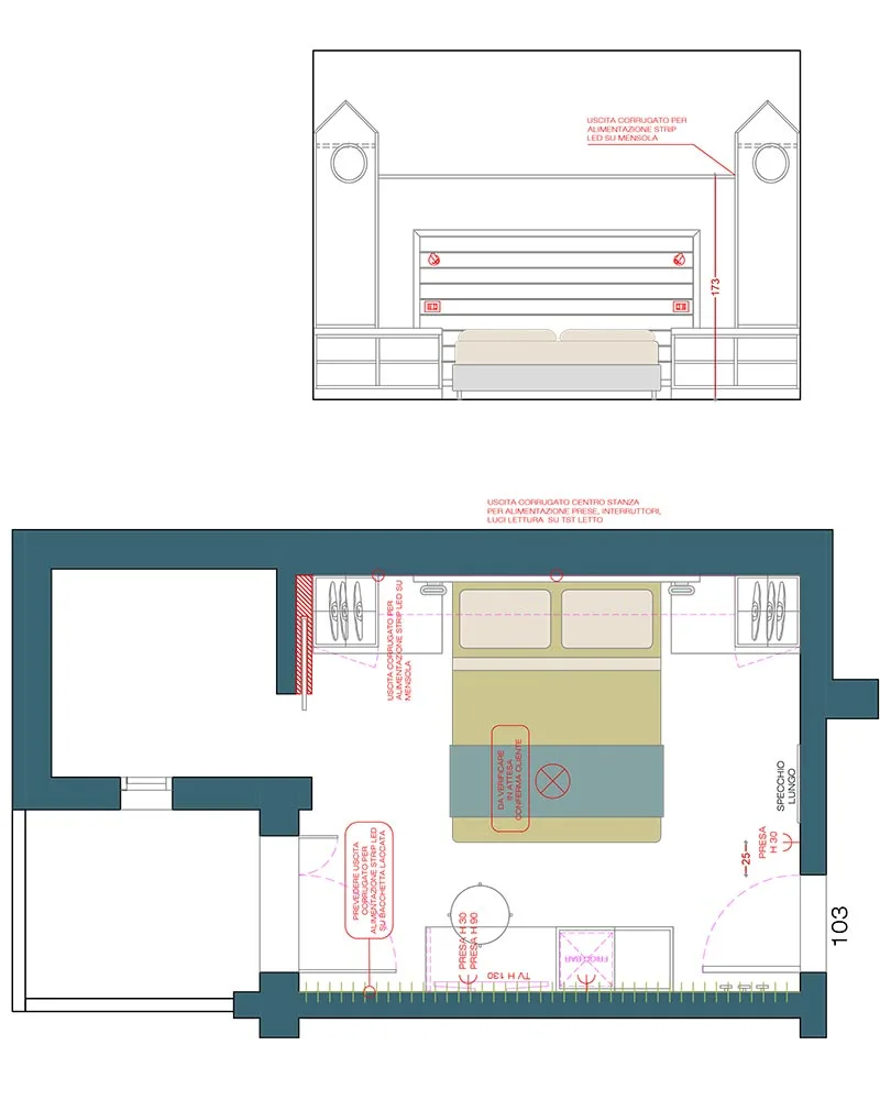 progettazione hotel layout camera tipo prospetto esecutivo