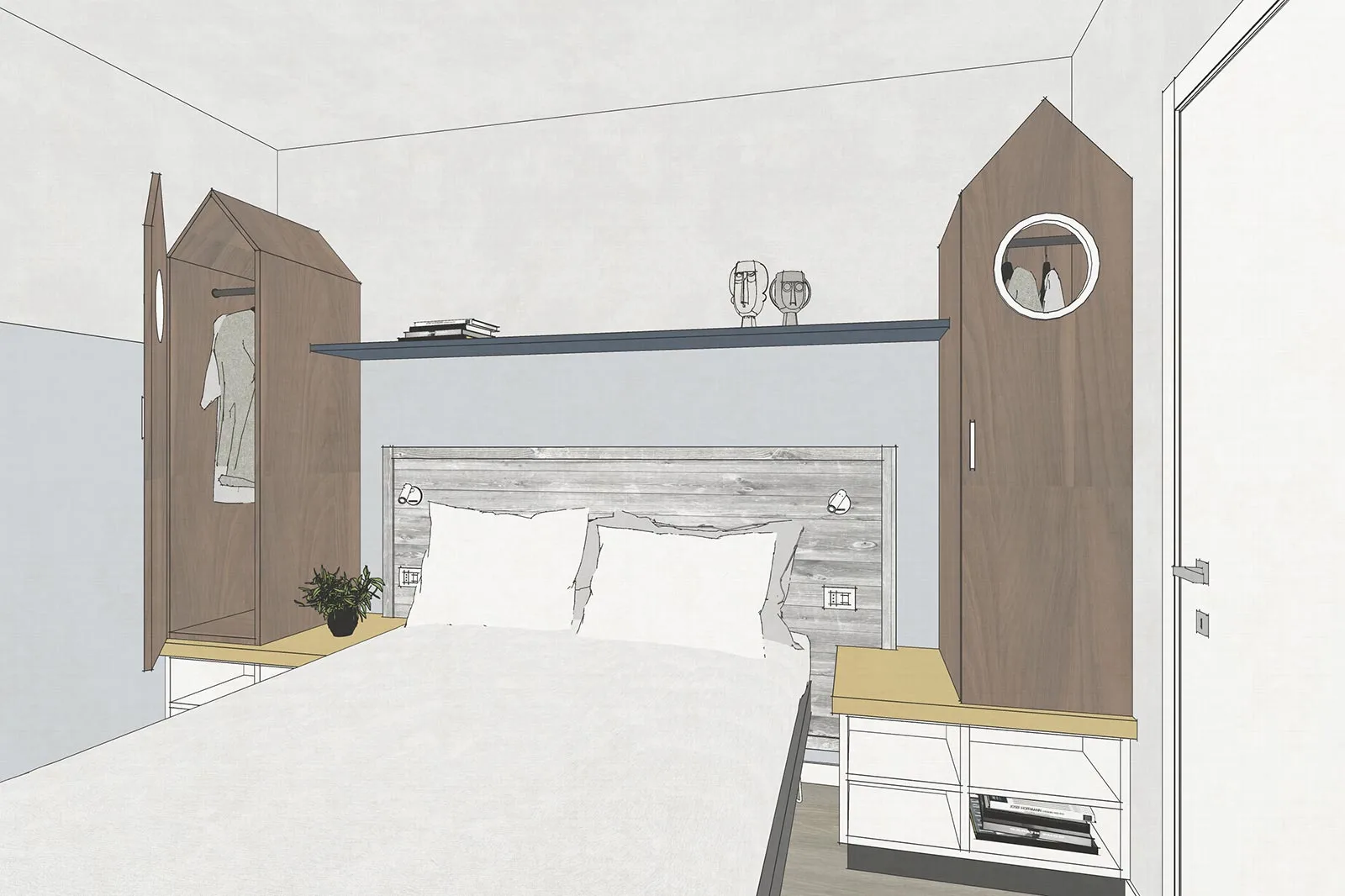 progettazione hotel schizzo tridimensionale resa finale modo