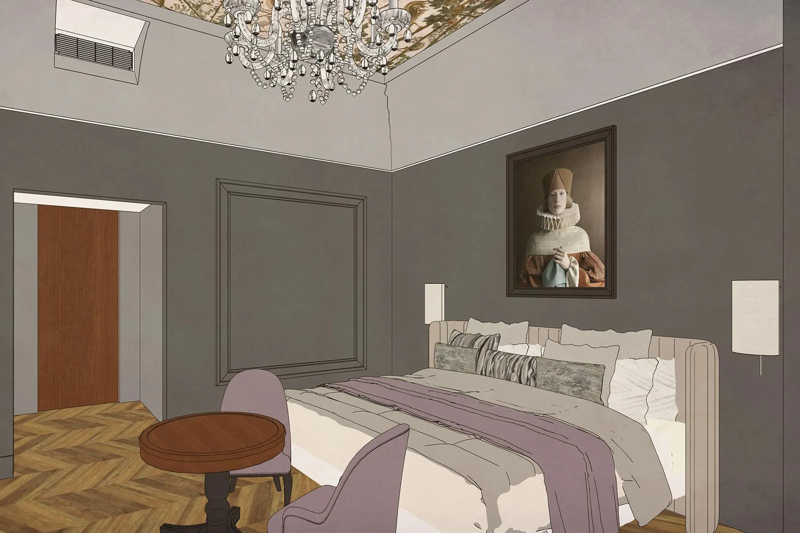 progettazione tridimensionale camere hotel schizzo vista generale