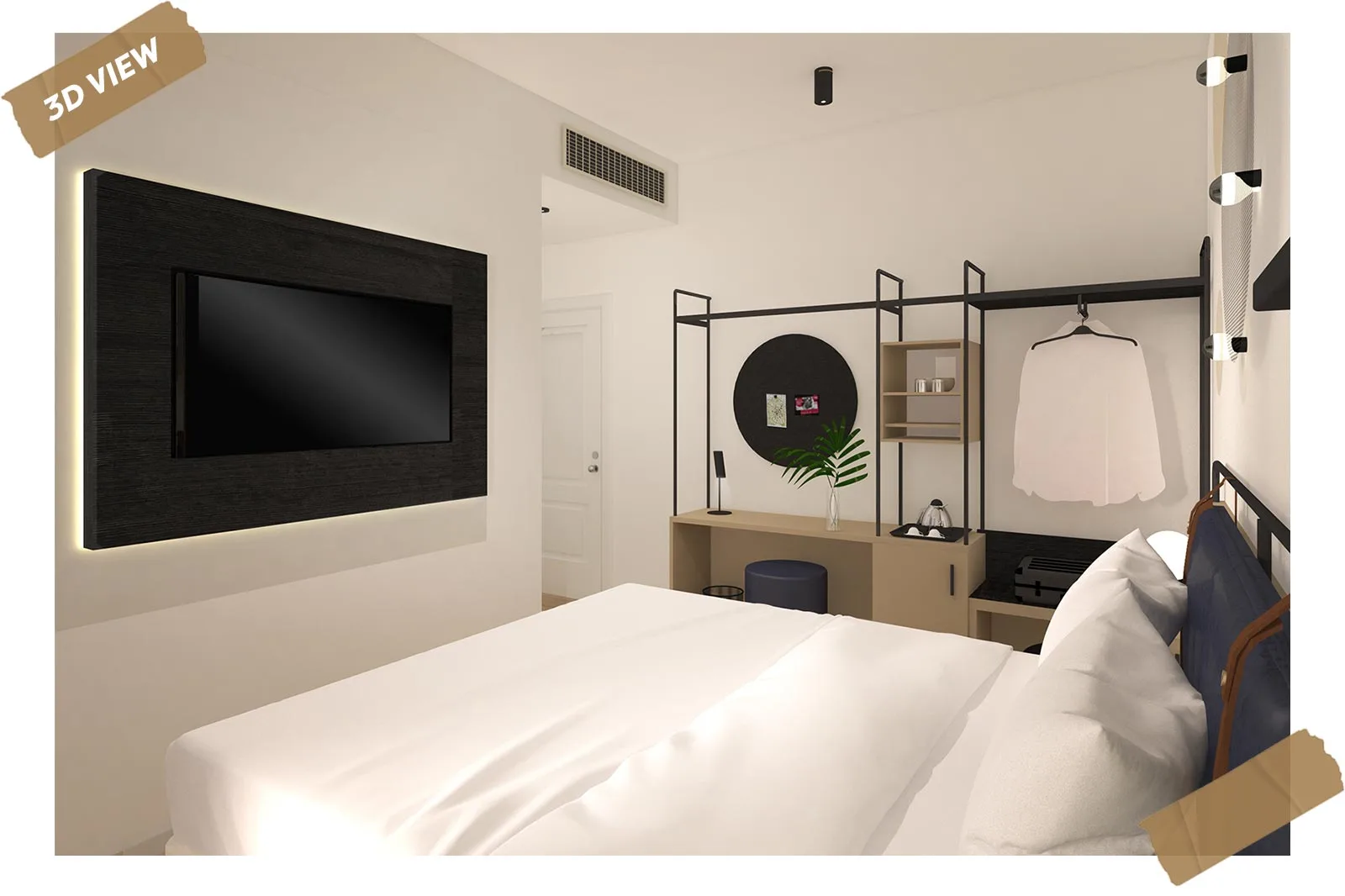 progettazione hotel moderno rendering vista generale camera