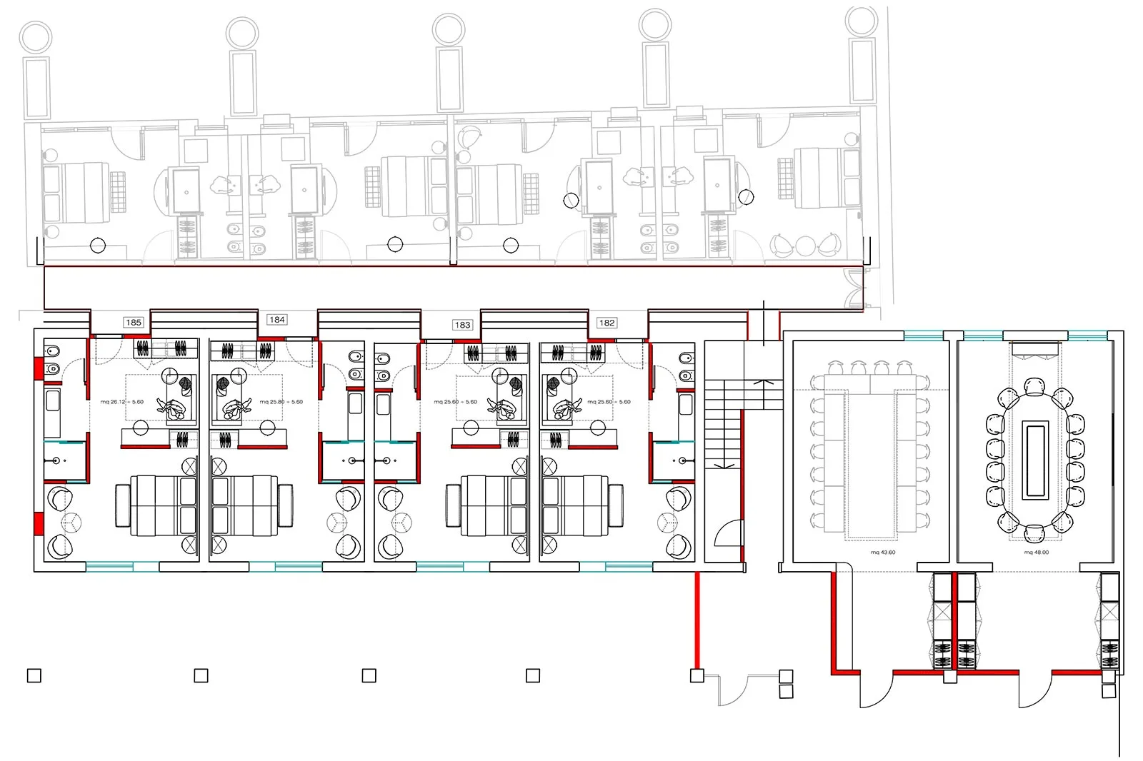 progettazione layout hotel rustico moderno camere primo piano