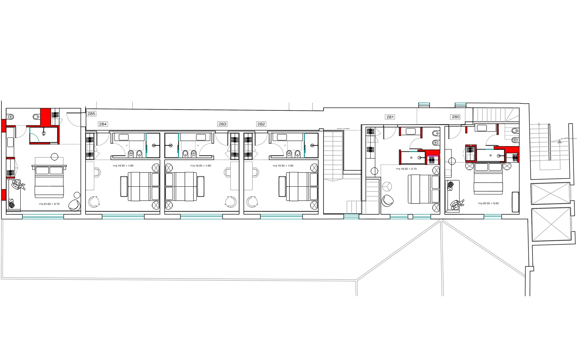 progettazione layout hotel rustico moderno camere secondo piano