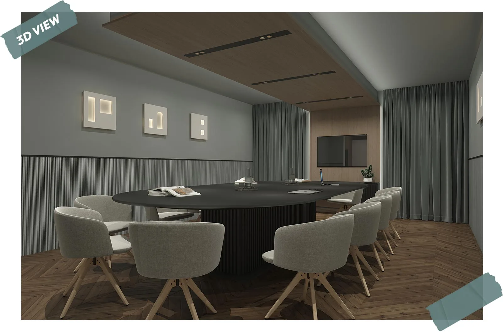 progettazione rendering boardroom hotel rustico moderno