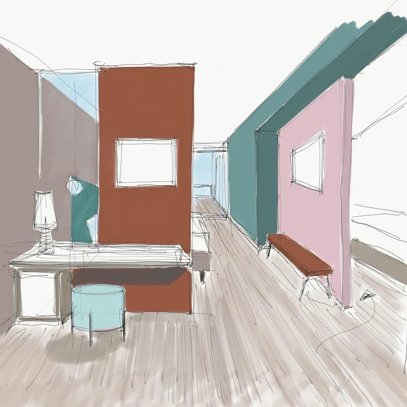 Rendering dell'arredo della camera di un hotel